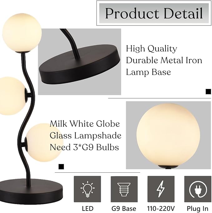 3-Light Curve Black Globe Table Lamp Mid Century Flower Beside Desk Table Light with Milk White Glass Shade Metal Base Nightstand Lamp for Bedroom Bedside - Bloomnest