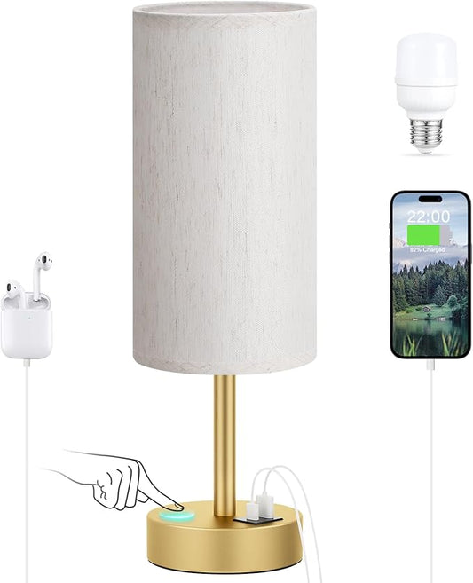 Small Touch Bedside Lamp with USB - 3 Way Dimmable Gold Table Lamp for Bedroom, Nightstand Lamp with Gold Charging Station for Desk Dorm, Office - Bloomnest