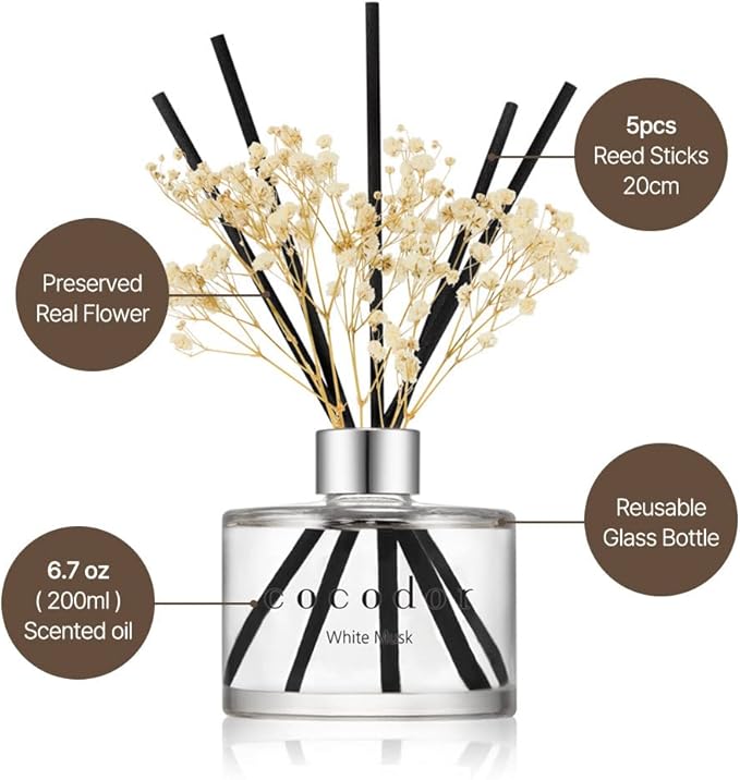 COCODOR Flower Reed Diffuser Set / 6.7oz / Lovely Peony/Scent Diffuser with Sticks Home Fragrance Reed Diffuser for Bathroom Shelf Decor