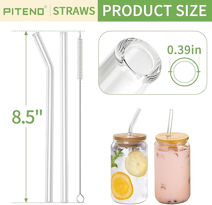 Piteno® 16-Pack Reusable Glass Straws Set, Clear Glass Drinking Straws, 8.5''x10MM, Set of 6 Straight and 6 Bent with 4 Cleaning Brushes, Perfect for Smoothies, Milkshakes, Juice, Tea Piteno