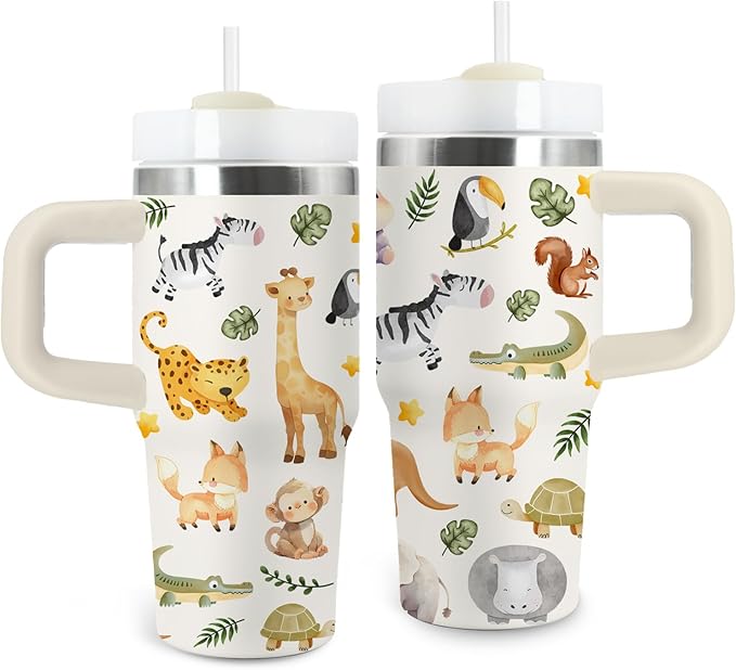 Animal Lover Gifts for Kids - 14 Oz Cute Cartoon Tumbler with Handle and Straw, Stainless Steel Insulated Tumbler, Sweatproof, for Sports, School, Travel - Boys Girls Children Birthday Gifts Cups(1pc) - Bloomnest