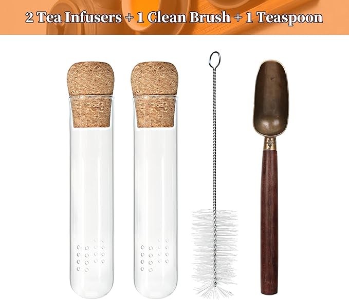 2 PCS Glass Tea Infusers for Loose Tea——Reusable Round filter holes Tea Glass Strainers with Cork Lid & Teaspoon & Cleaning Brus - Bloomnest
