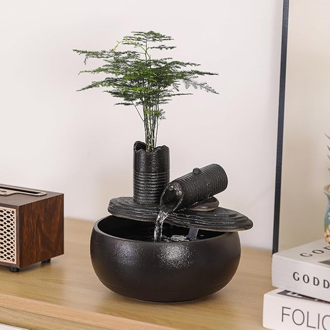 Ceramic Tabletop Fountain Water Feature Fall Indoor and Outdoor Decoration (Black Bamboo A151) - Bloomnest