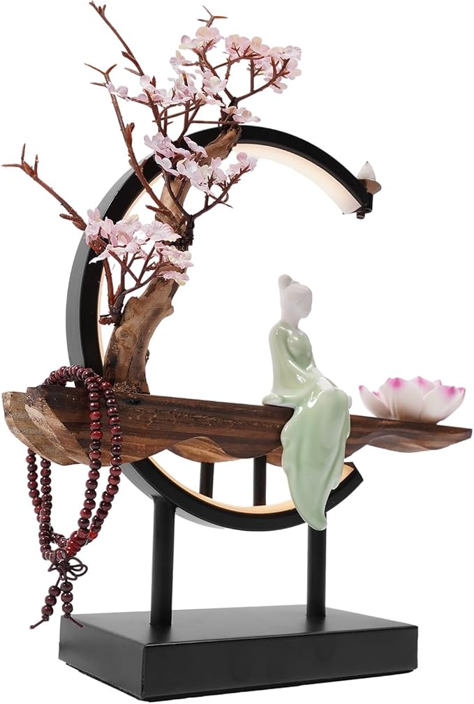 Backflow Incense Holder Incense Burner with Adjustable LED Light Ring Chinese Style Handmade Flower Censer,Compatible with Cone and Stick Incense (C) - Bloomnest
