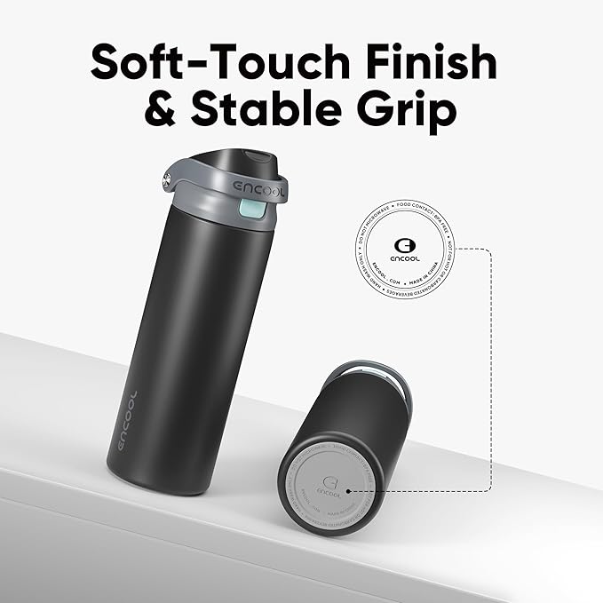 ENCOOL Leakproof Insulated Water Bottle with Straw Dual-Sip Water Bottle Bag-Safe Design for Work, Commute & Gym – Keeps Drinks Cold All Day, 24 oz, Charcoal Gray ENCOOL