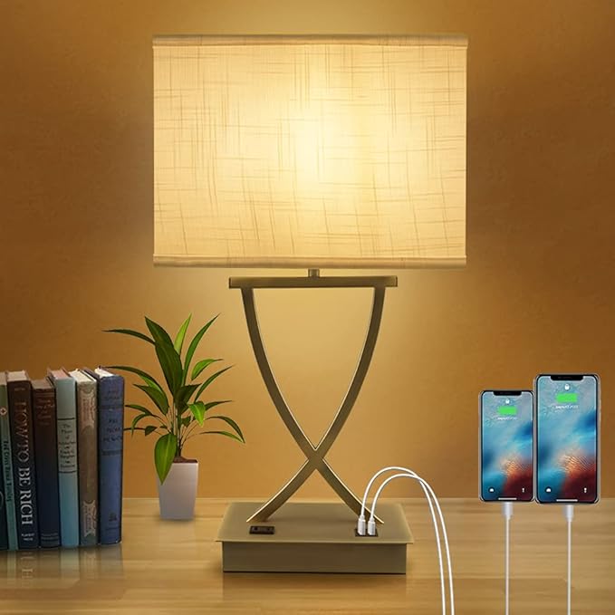 3-Way Dimmable Touch Control Medium Table Lamp with Type C/USB Charging Port and 1 AC Outlet White Shade 21.38" Bedside Nightstand Lamp for Bedroom Living Room Office and Hotel Bulb Included - Bloomnest