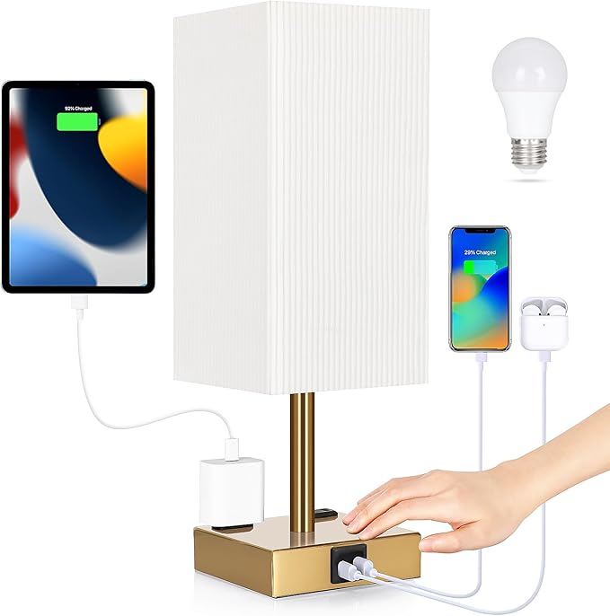 Bedside Lamp with USB Ports - Touch Control Table Lamp for Bedroom with USB C+A Ports & AC Outlets, 3 Way Dimmable Nightstand Light with Pleated Shade for Living Room(Bulb Included) - Bloomnest