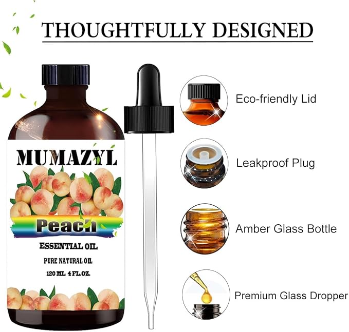 Peach Essential Oil, Peach Oil 4 Fl Oz 120ML for Diffuser Humidifier Yoga Cleaning DIY Candle Soap Making Essential Oils - Bloomnest