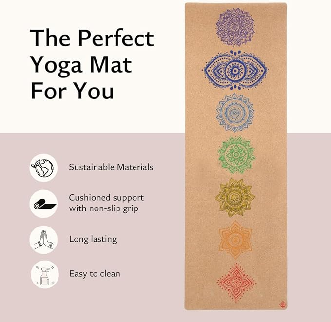 Shakti Warrior Chakra Cork Yoga mat - Artist Designed, Premium eco Friendly mats, Non Slip, Non Toxic, Great for Regular & Hot Yoga, Pilates and Work Out (72 inch x 24 inch x 3mm Thick) - Bloomnest