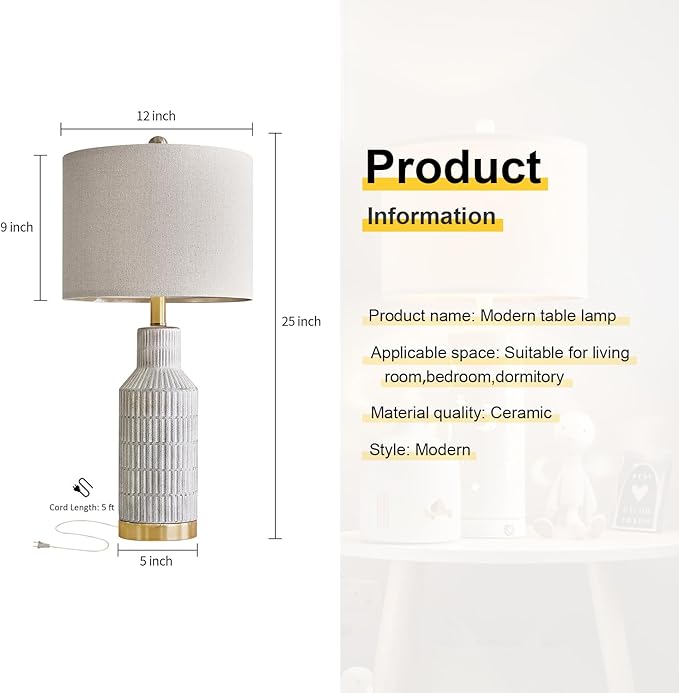 25" Modern Ceramic Lamps Single Table Lamp for Living Room Bedroom Farmhouse Nightstand Bedside Lamps - Bloomnest