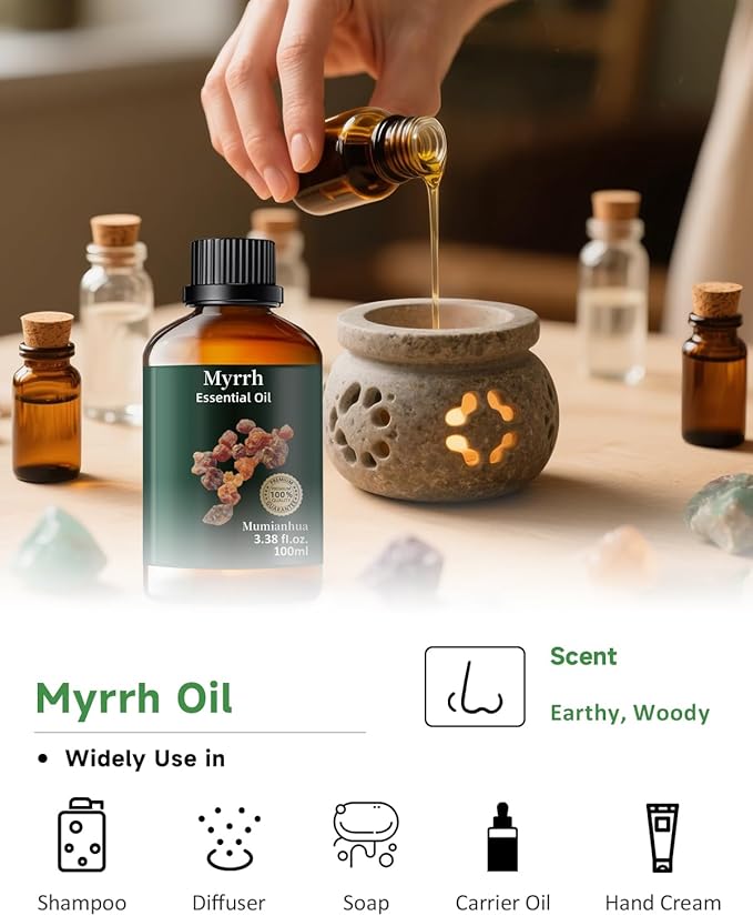 Pure Myrrh Essential Oil, Mumianhua Therapeutic Grade Natural Myrrh Oil for Skin Care, Aromatherapy, Beard Care, Earthy Candle Making, Cleaning Blends & Home Purifier 3.38 Fl Oz - Bloomnest