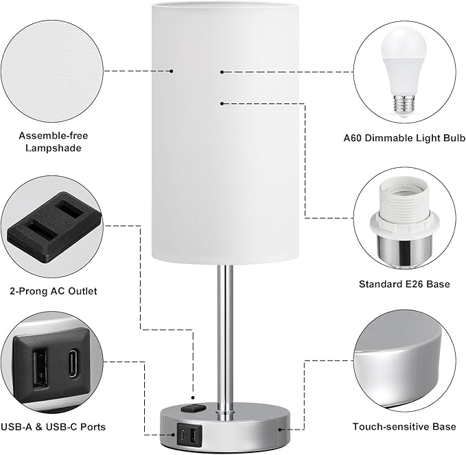 Fenmzee Touch Bedside Lamp - White, 3-Way Dimmable, USB A + C Charging, AC Outlet, 17.4inch Medium - Bloomnest