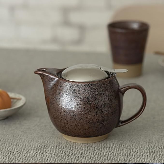 Zero Japan Bee House Round Teapot For One, 15 Oz - Ceramic Tea Pot with Stainless Steel Lid and Infuser, Dishwasher and Microwave Safe Tea Pots (Iron Brown) - Bloomnest