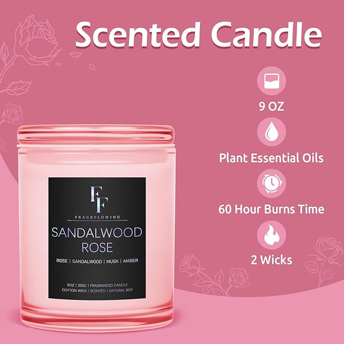 Sandalwood Rose Scented Candle, 2-Wick Luxury Soy Wax Candle, 9 oz Aromatherapy Candle Home Fragrance Candles Gift - Bloomnest
