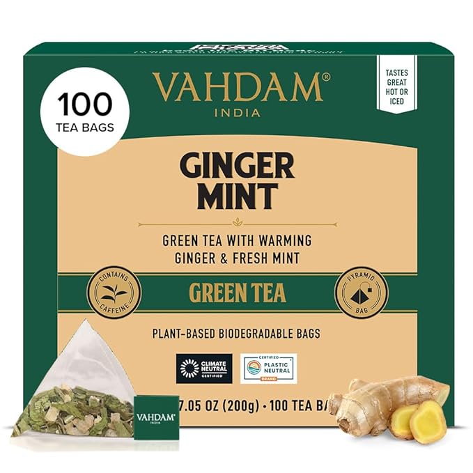 VAHDAM, Ginger Mint Green Tea Bags (100 Count) High Grown Green Tea with Raw Ginger | Medium Caffeine | Non GMO, Gluten Free | Mint Tea Bags | Resealable Ziplock Pouch - Bloomnest