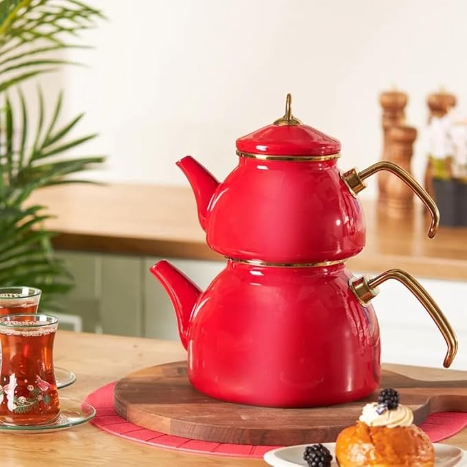 Karaca Retro Turkish Teapot for Stovetop, 1.1L Turkish Tea Pot & 2.3L Kettle, Dishwasher Safe, Induction Tea Pot Set, Vibrant Color Lasting Enamel, Samovar Style, Red - Bloomnest
