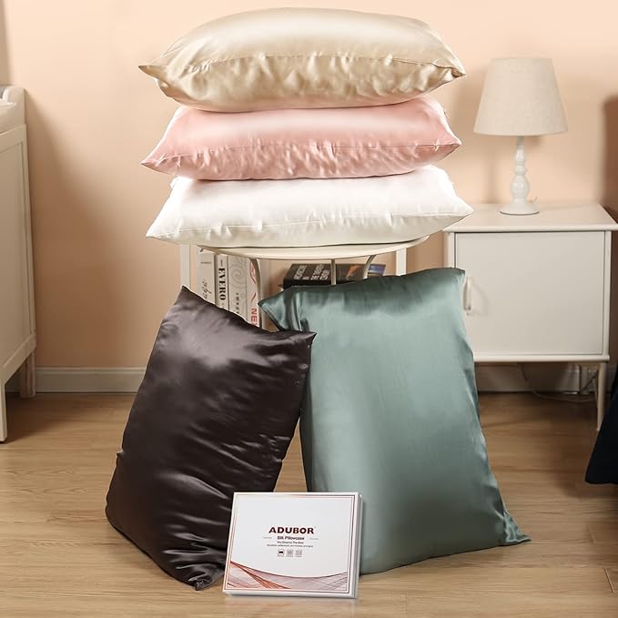 Adubor Silk Pillowcase 2 Pack for Hair and Skin with Hidden Zipper, Both Sides 23 Momme Silk Pillow Case (Beige, Standard: 20''x26'') - Bloomnest