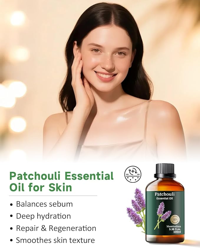 Pure Patchouli Essential Oil, Mumianhua Natural Patchouli Oil for Diffuser, Perfume, Skin,Hair, Soap Making, Room Spraying,Earthy Grounding, Outdoor Protection 3.38 Fl Oz - Bloomnest