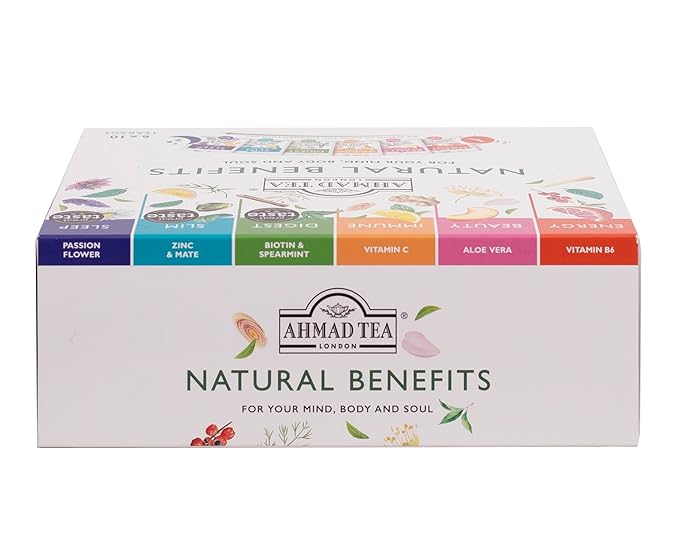Ahmad Tea Natural Benefit Functional Tea Selection Pack | Green teas, Fruit & Herbal Infusions | Perfect herbal tea gift - 60 Teabag Sachets | 6 blends - Bloomnest