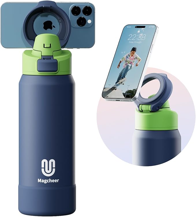 Insulated Magnetic Water Bottle - Reusable Stainless Steel Bottle with MagSafe Compatible Phone Holder -Keeps Cold for 24 Hours - Perfect for Gym, Sports, and Travel- Navy Blue 32oz Magcheer