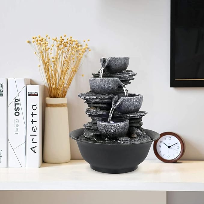 10.6” High Cascading Tabletop Fountain w/LED Light - 4-Tier Bowls Rock Water Fountains Indoor Small Relaxation Waterfall Feature for Home, Office and End Table Decoration (10.6" high, Gray) - Bloomnest