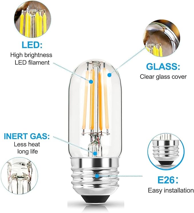 3.2 Inch 2700K Soft White E26 LED Bulb 60 Watt Equal, AC 120V 600LM Edison Bulbs Dimmable, 6W T10 T30 Tubular Filament Light Bulbs Clear Glass for Fan Pendant Wall Light, UL Listed-6 Pack - Bloomnest