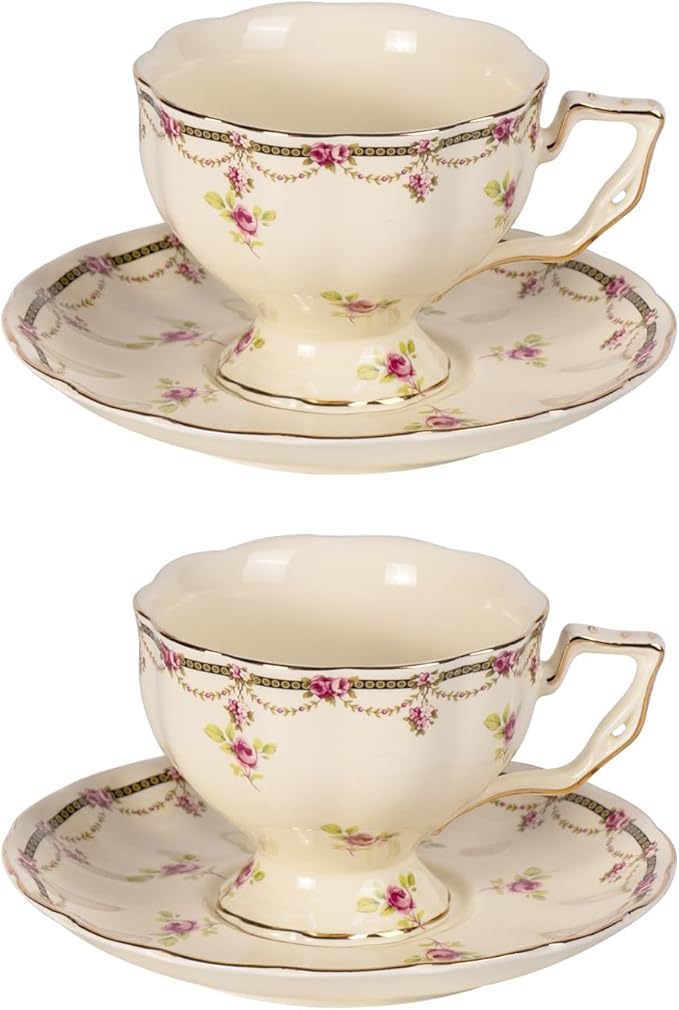 KAMMAK Tea Cups and Saucers Set of 2, Porcelain, 7.8-Ounce | Stackable Espresso Mugs | Imperial Court Collection | Ceramic Demitasse | For Coffee, Latte, Americano, Tea - Bloomnest