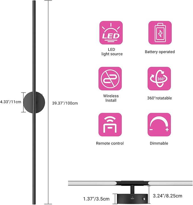 Tipace Battery Operated Wall Sconces Set of 2,Dimmable Battery Wall Sconce with Remote Control,Black LED Rechargeable Sconces,39.4 Inch Modern Wall Lights for Bedroom,Living Room - Bloomnest