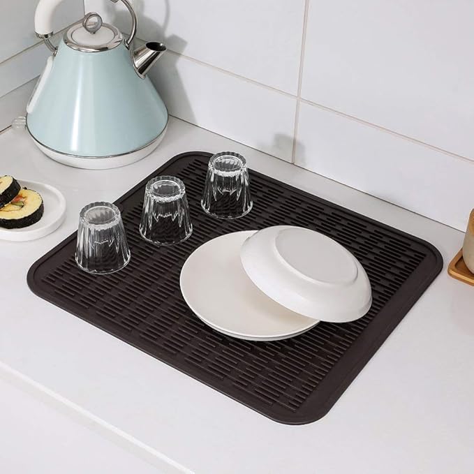 Silicone Dish Drying Mat for Multiple Usage,Easy clean,Eco-friendly,Heat-resistant Silicone Mat for Kitchen Counter or Sink,Refrigerator or Drawer Liner Coffee XL 18 inches x 16 inches - Bloomnest