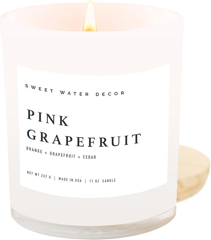 Sweet Water Decor Pink Grapefruit Scented Candles - Soy Candles with Grapefruit, Musk & Cedar for Home Decor - Candle Wax with 50 Hours Burn Time - 11Oz Wood Lid White Jar Candles for Home Scented - Bloomnest