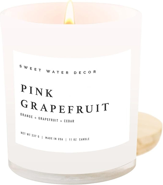 Sweet Water Decor Pink Grapefruit Scented Candles - Soy Candles with Grapefruit, Musk & Cedar for Home Decor - Candle Wax with 50 Hours Burn Time - 11Oz Wood Lid White Jar Candles for Home Scented - Bloomnest