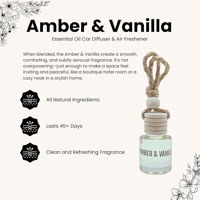 Amber & Vanilla Hanging Car Air Freshener – Long Lasting Essential Oil Diffuser for Car, Closet, Bathroom – 2-Pack Natural Scent Deodorizer - Bloomnest
