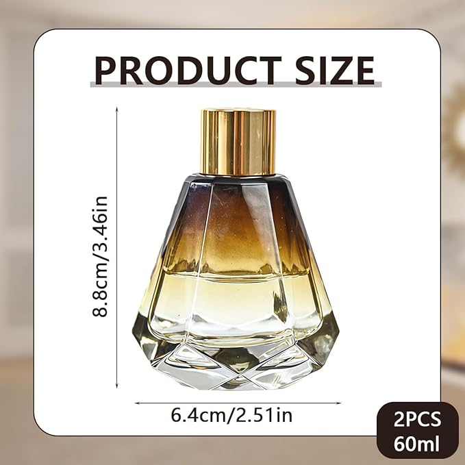 2Pcs 60ml/2oz Empty Refillable Amber Diamond Shape Glass Diffuser Bottle with Gold Lid Essential Incense Oil Diffuser Jars Fragrance Scent Diffuser for Home Office Shelf Decor Bloomnest