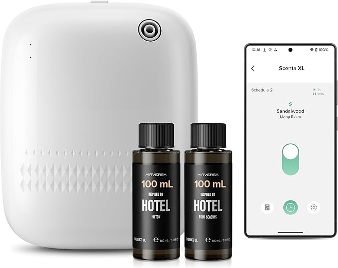 Smart Waterless Essential Oil Diffuser (400 mL Capacity) Hotel Scent Starter Kit with 200mL Fragrance Oil, Up to 2000 sq ft App Control Scent Air Machine with 12V1A Power Adapter, ANW Kit White - Bloomnest