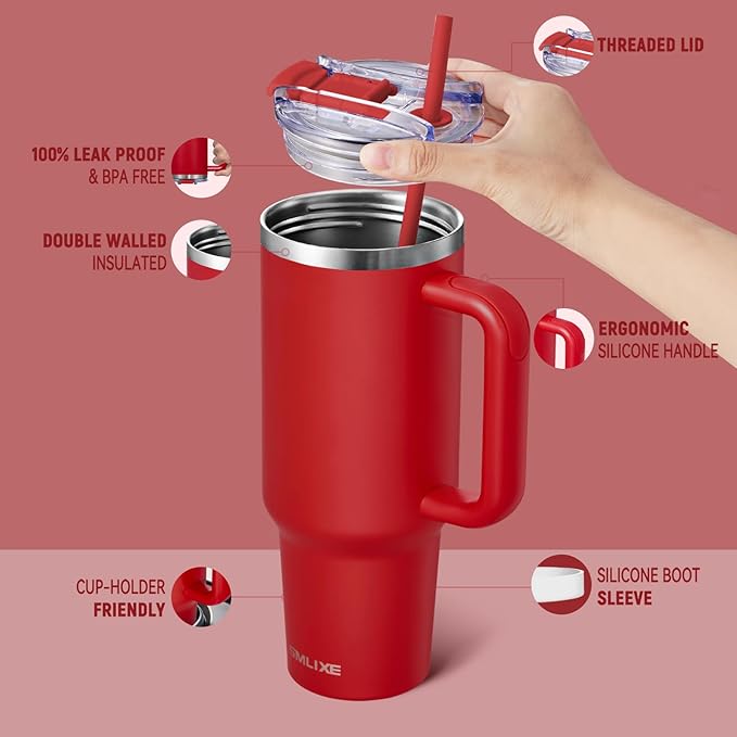 40 oz Tumbler with Handle and Straw Lid,Insulated Reusable Stainless Steel Water Bottle Travel Mug，Cupholder Friendly Double Wall Vacuum Sealed Cup (Cherry Red) - Bloomnest