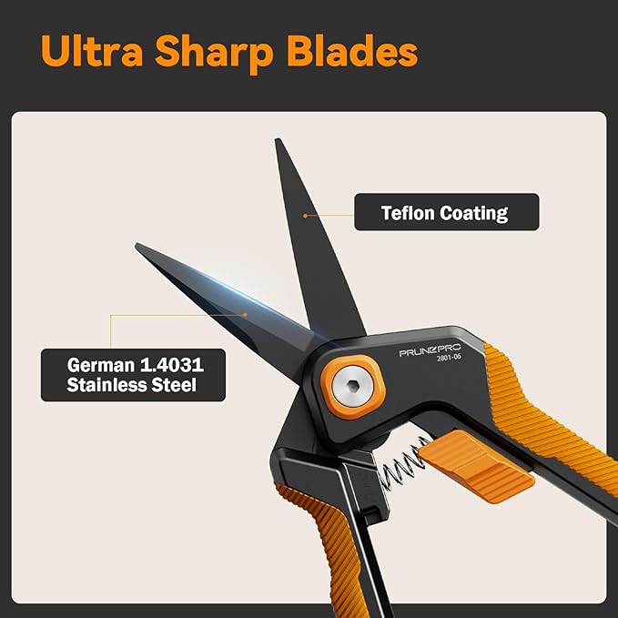 PrunePro Garden Scissors Pruning Shears Sharp Stainless Steel Non-Stick Teflon Coating Blade for Precise Cuts Garden Snip Bonsai Clippers for Plants Rose Flower Orange 2 Pack - Bloomnest