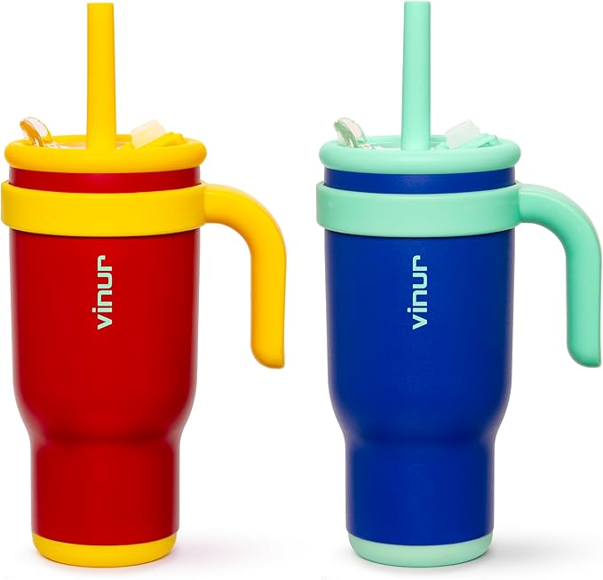 VINUR Insulated Tumbler with Handle 17 oz Stainless Steel Double Wall Vacuum Tumbler Travel Water Cup with Lid and Straw(Canyon Red-Navy) - Bloomnest