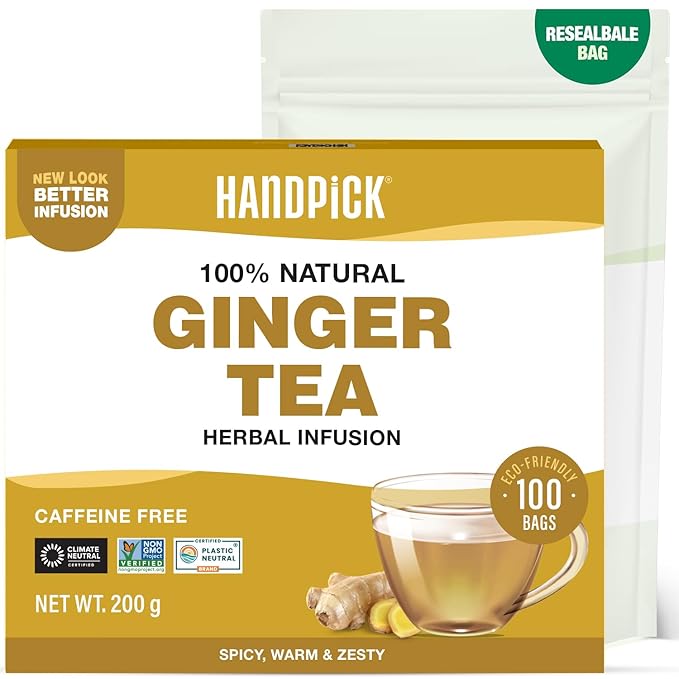 HANDPICK, Ginger Tea Bags (100 Herbal Tea Bags), Authentic Indian Origin, Caffeine Free & 100% Pure Ginger Root |Soothing & Spicy Blend | Round Eco Conscious Teabags - Bloomnest