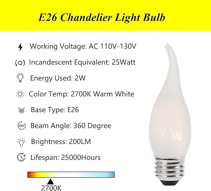E26 Chandelier Light Bulbs Frosted 25 Watt Candelabra Bulb Equivalent, 2W LED Bulb E26 Candelabra Medium Base 2700K Warm White, 6 Pack - Bloomnest