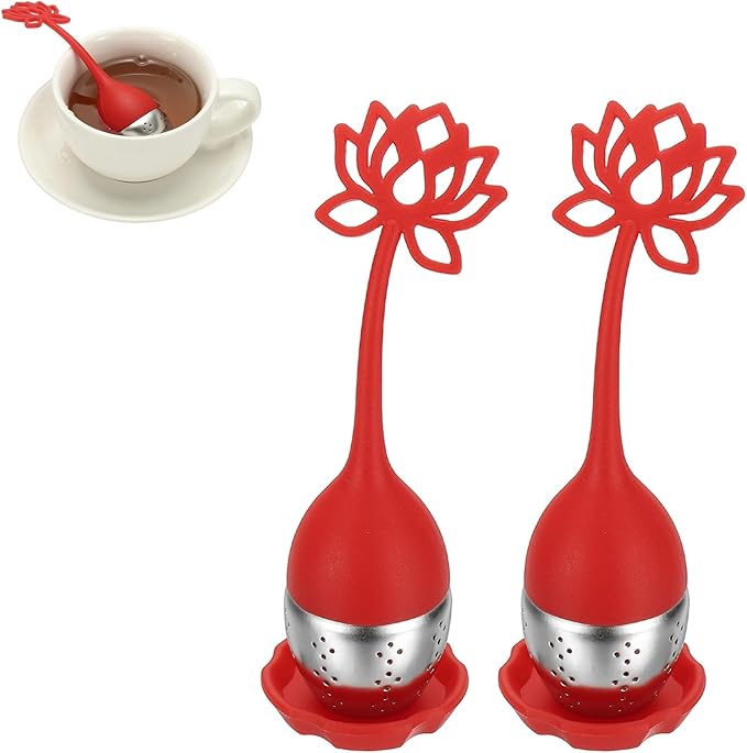 uxcell 2 Pcs Lotus Tea Infuser, Stainless Steel Loose Leaf Tea Steeper Filter with Silicone Handle Reusable Coarse Pores Mesh Strainer Diffuser for Teacups Teapots Mugs, Red - Bloomnest