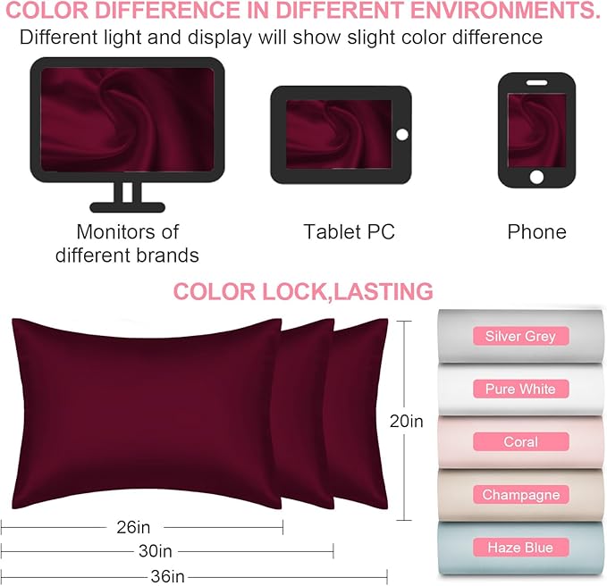 Mulberry Silk Pillow Cases King Size with Hidden Zipper, Ultra Smooth and Soft Breathable Cooling Silk Satin Pillowcase for Hair and Skin, Gifts for Women Men (Burgundy Red, 20x36 Inches, 1 Pack) - Bloomnest