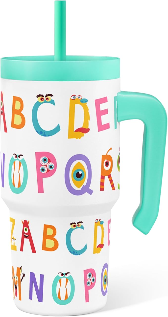 Alphabet Tumbler 20oz with Handle and Silicone Straw Lid for Kid, Insulated Stainless Steel Cup with Monster Design, Gift for Kids Girls Boys, Gifts Idea for Birthday Christmas Back to School - Bloomnest