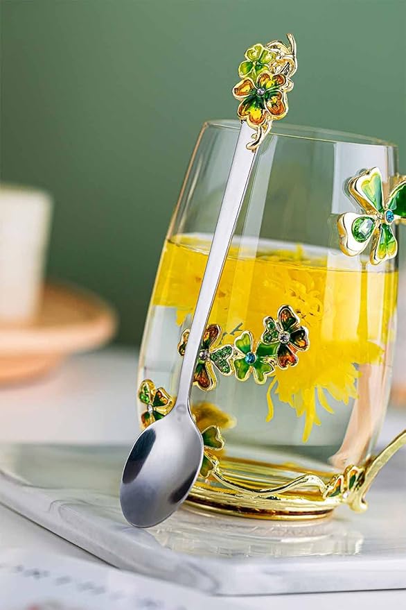 Luka Tech four-leaf clover flower Glass Coffee Mugs Tea Cup with Spoon, Unique Gifts For Women Wife Mom Friends Birthday Mothers Valentines Day Christmas (Green) - Bloomnest
