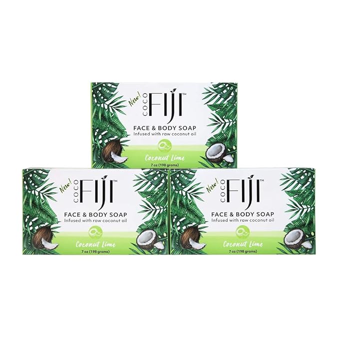"Coco Fiji Soap Bar for Face and Body Infused With Organic Coconut Oil, Coconut Lime, Essential Oil, Natural Soap for Moisturizing & Pore Purifying Skin, 7 oz, Pack Of 3 "