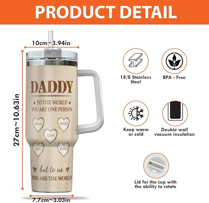 Personalized Dad Tumbler with Handle – Custom Name Mug with Heart Design – You Mean the World to Us Quote – Father's Day, Birthday Gift from Kids - Bloomnest