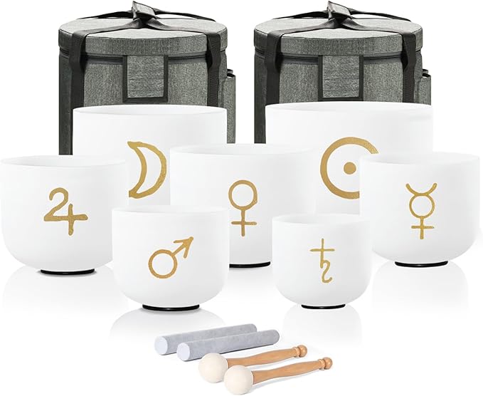CVNC 432HZ 6-12 Inch Cosmic Pattern Design Frosted Quartz Crystal Singing Bowls Chakra Set of 7 with Carry Case Bag for Sound Healing and Meditation - Bloomnest