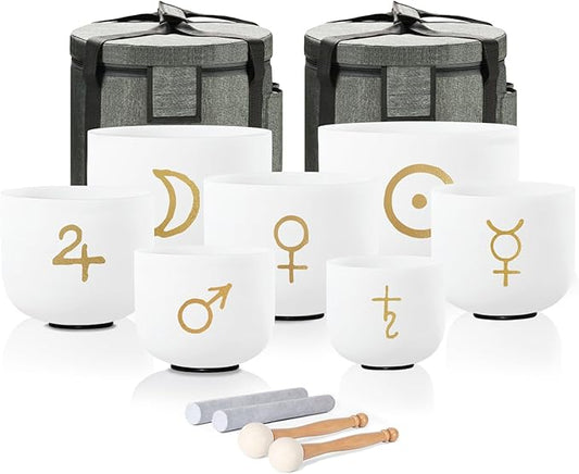 CVNC 432HZ 6-12 Inch Cosmic Pattern Design Frosted Quartz Crystal Singing Bowls Chakra Set of 7 with Carry Case Bag for Sound Healing and Meditation - Bloomnest