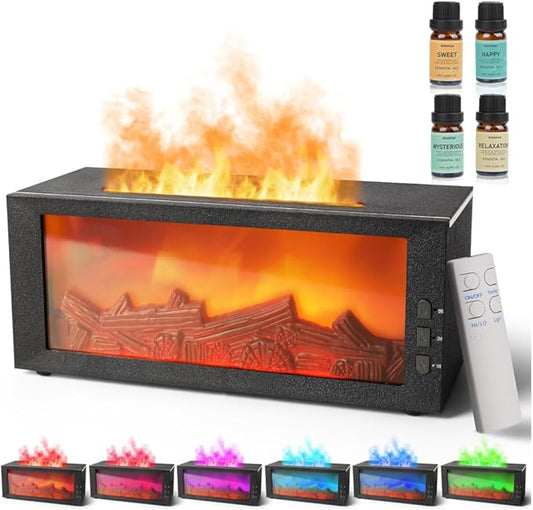 BOHOFAM Fireplace Essential Oil Aroma Diffuser,Flame Air Humidifiers 300ML,14-Hour Runtime,Colorful Flame Diffusers for Home,Included 4 * 10ML Hotel Collection Diffuser Oils for Bedroom(Black) - Bloomnest