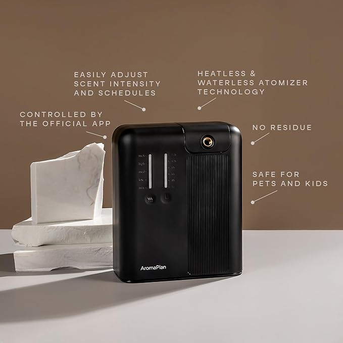 AromaPlan 5 Star Collection Cold Air Scent Diffuser, Whole House (Includes 2 Fragrances & 12 Set Sample kit) - Smart Scent Diffuser, HVAC System- Touch & App, 2000 Sq. Ft Cov. (Black) - Bloomnest