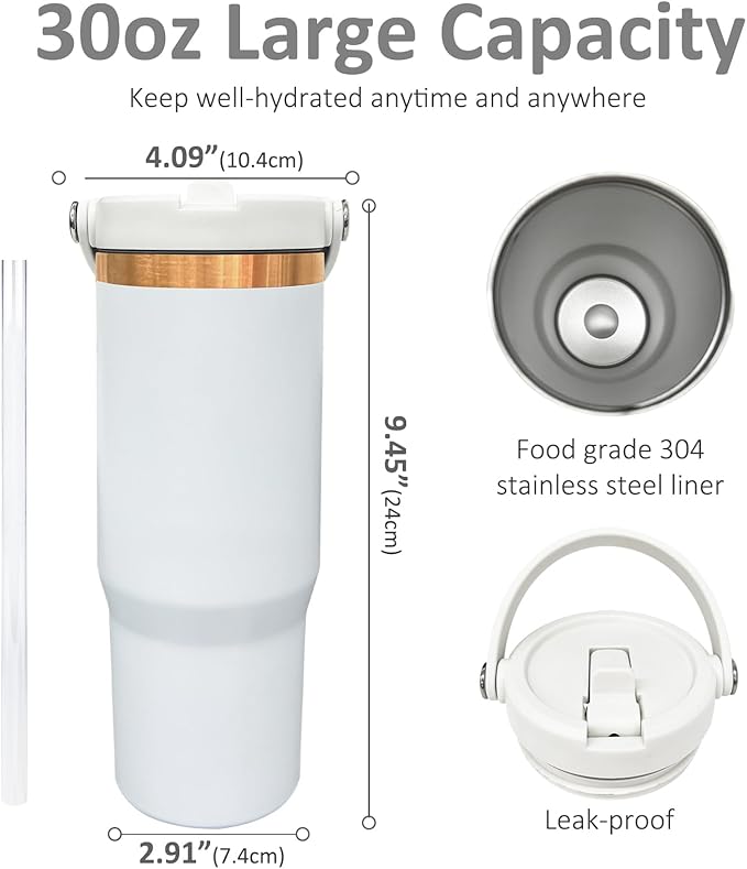 30 oz Tumbler with Handle, Double Wall Vacuum Insulated Tumblers with Flip Straw, Coffee Mug 30oz Powder Coated Cup for Hot and Cold Drinks(Copper Plated, White,1 pack)